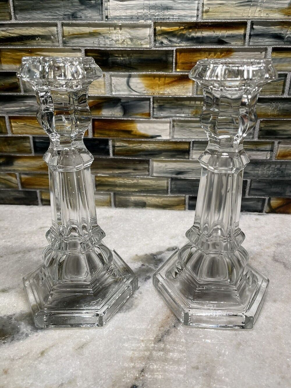 Vintage MMA Metropolitan Museum Of Art Clear Sandwich Glass Candlesticks